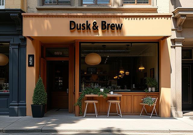 The inviting storefront of Dusk & Brew on a sunny day.