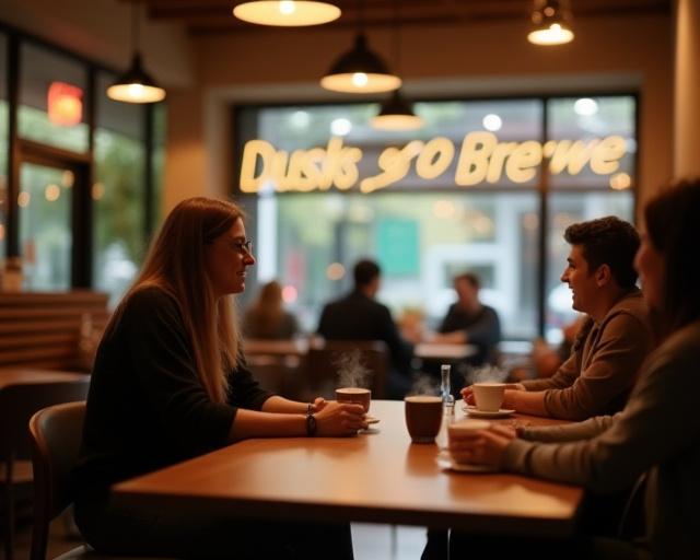 The warm and inviting interior of Dusk & Brew, with customers enjoying coffee.